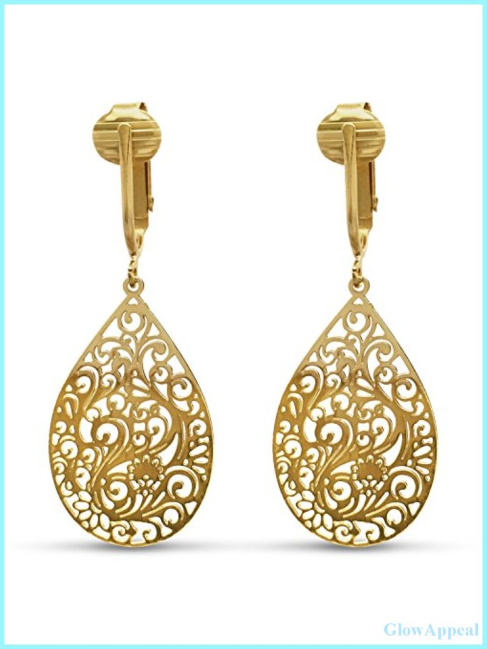 Victorian Filigree Teardrop Clip On Dangle Earrings Non Pierced